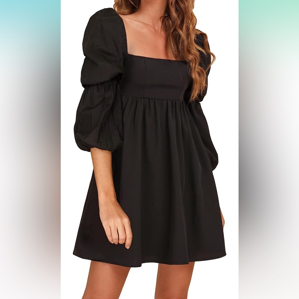 Womens Square Neck Dress Long Puff Sleeve A-Line Casual Short Mini Dress